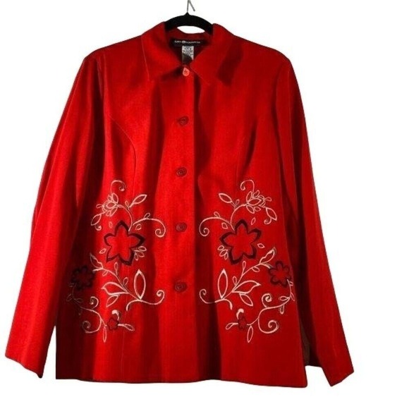 Sag Harbor Red Floral Embroidered Button Front Blazer Jacket Size 8 - Picture 1 of 8